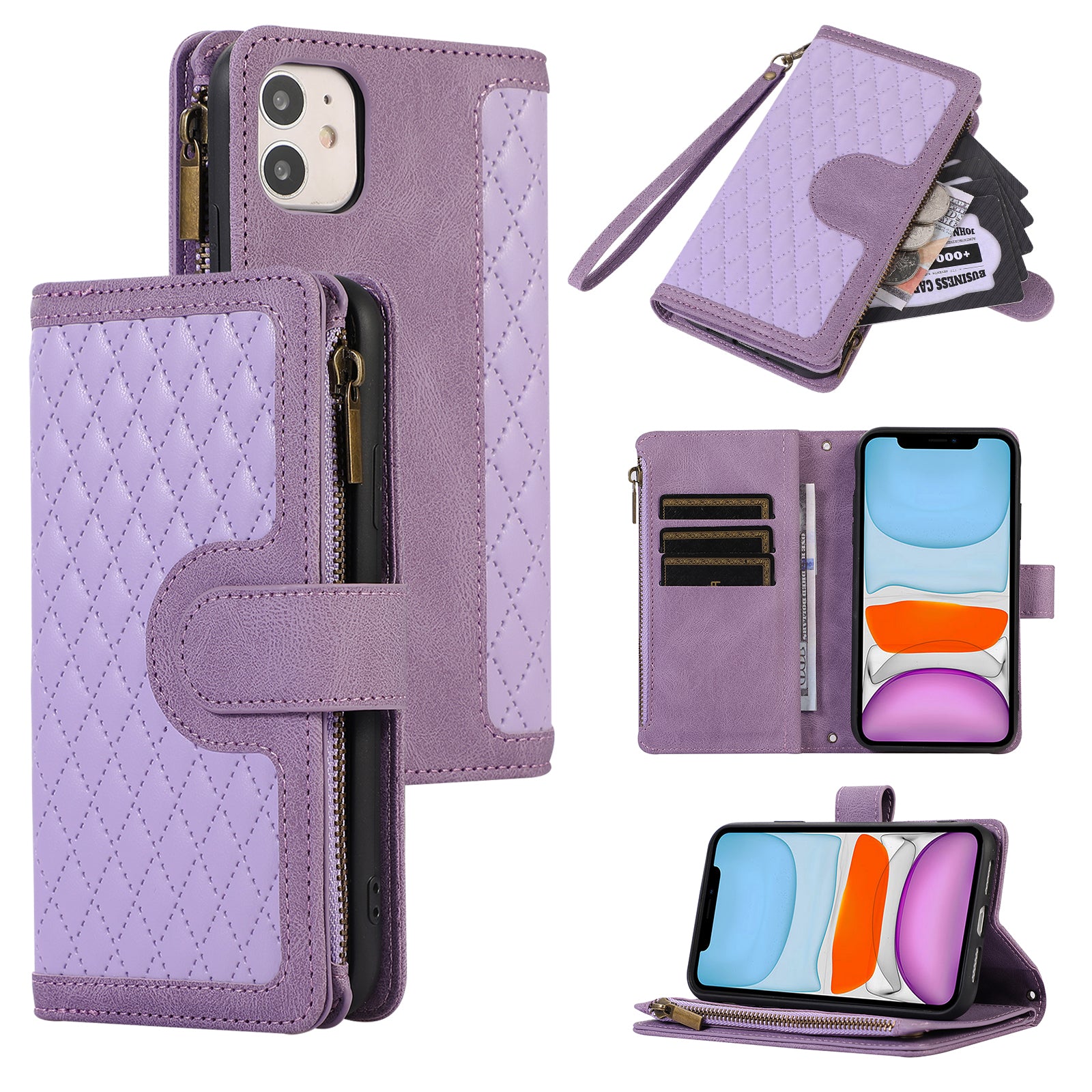 For iPhone 11 Zipper Pocket Leather Wallet Phone Case 9 Card Slots Rhombus Imprinted Stand Shell For iPhone 11 Zipper Pocket Leather Wallet Phone Case 9 Card Slots Rhombus Imprinted Stand Shell